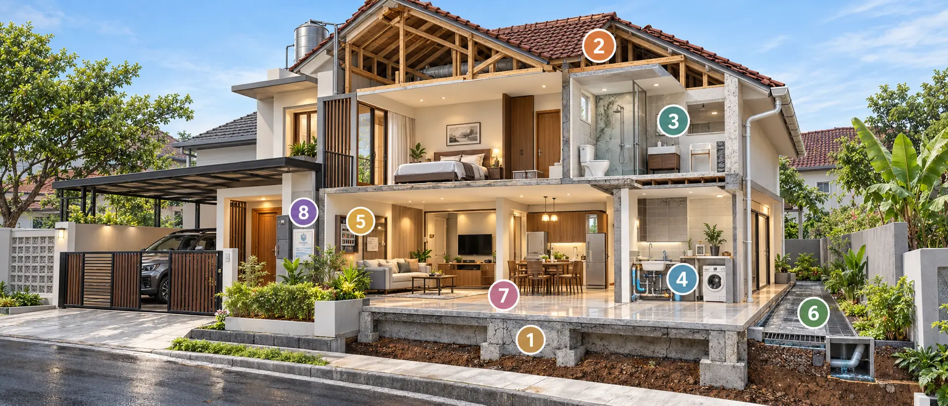 Ilustrasi 3D rumah dengan penanda delapan area pemeriksaan inspeksi